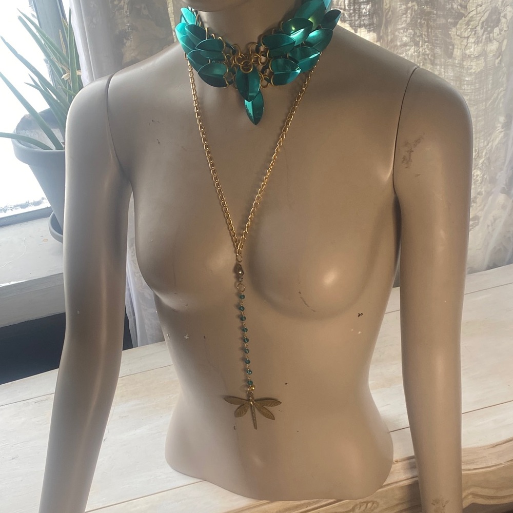 Fairytale fairy scalemail🧚‍♀️ Teal and Gold Necklace with Dragonfly pendant